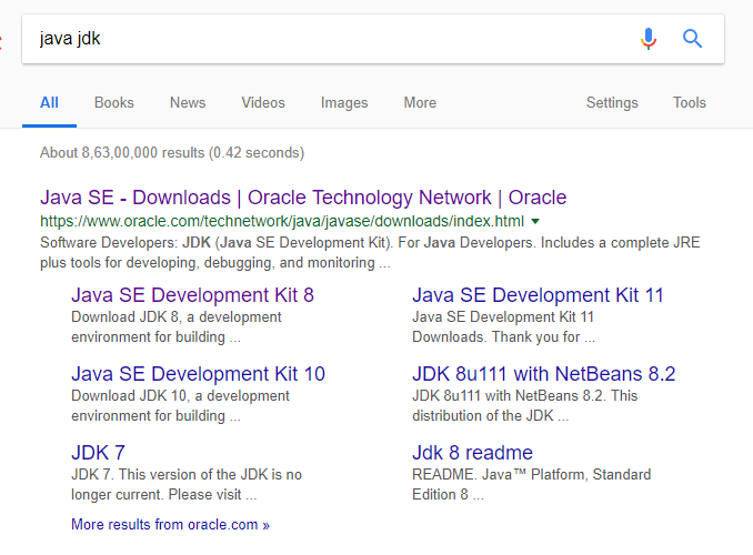 Search for JDK in your browser